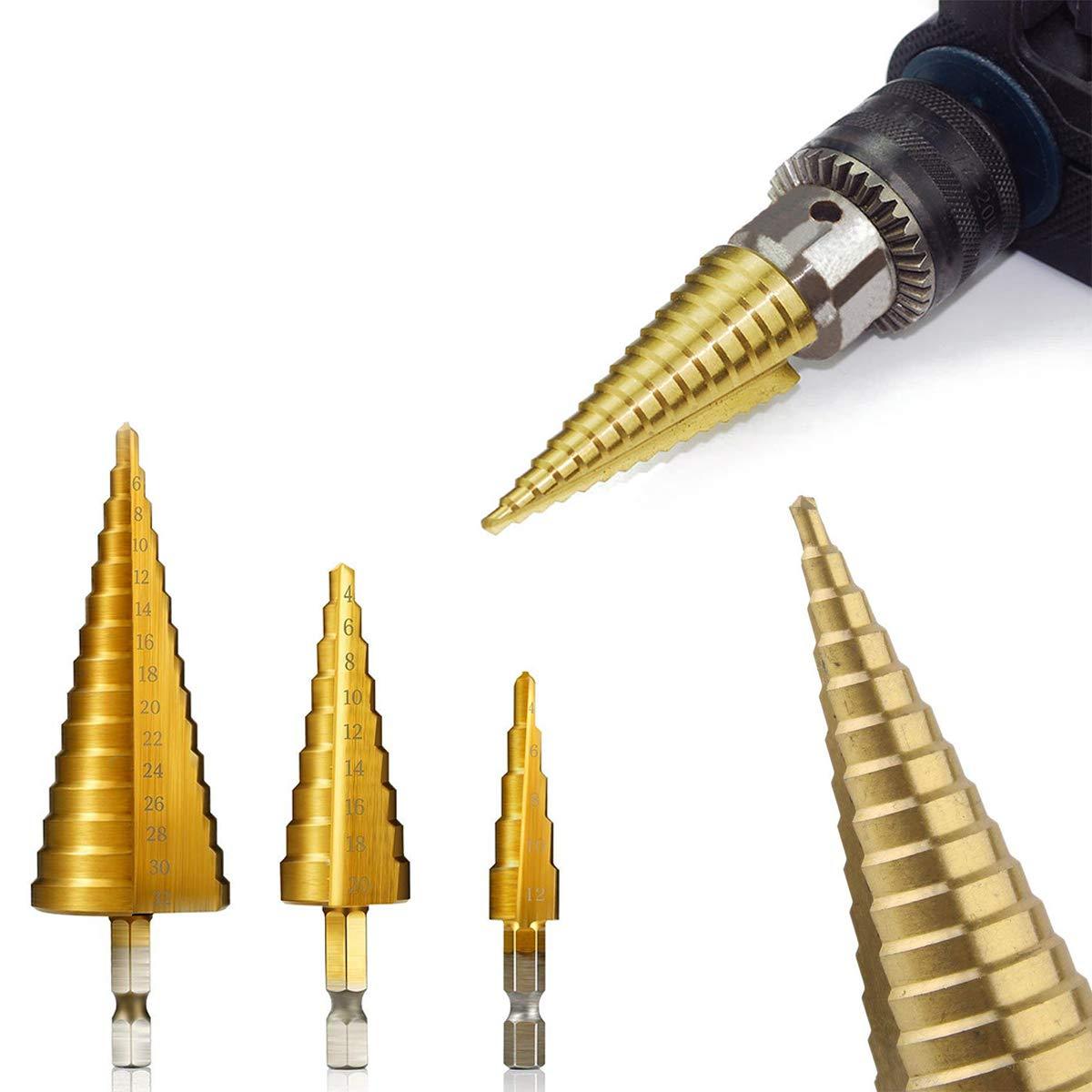 0437 -3X Large HSS Steel Step Cone Drill Titanium Bit Set Hole Cutter (4-32, 4-20, 4-12mm) DeoDap 0437 -3X Large HSS Steel Step Cone Drill Titanium Bit Set Hole Cutter (4-32, 4-20, 4-12mm) DeoDap